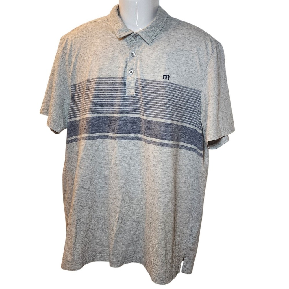 Travis Mathew Mens XL Polo Shirt Heather Grey Blue Striped Short Sleeve Golf Tee